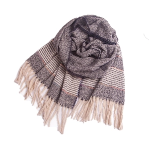 Soft striped grey knit scarf with warm orange accents and long cream tassels for women