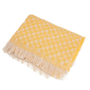 Sciarpa invernale spessa con motivo a scacchi giallo e beige e bordo con frange