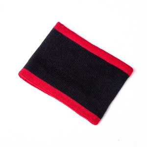 Close-up of thick knit winter neck warmer with black and red stripe texture details