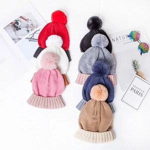 Kids Knit Pom Pom Hat And Neck Warmer Scarf Acrylic Thick Warm Winter Color Block For Boys Girls