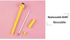Detail view of disassembled cute cartoon duck pen showing the refillable ink components