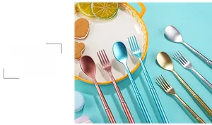 Detailed view of colorful cutlery-shaped gel pens in rose pink, gold and blue colors