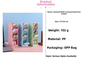Detail of multi-compartment diagonal desk organizer showing pastel colors and PP material