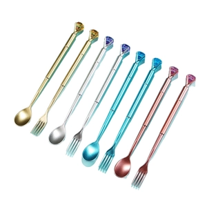 8-piece colorful stainless steel spoon and fork set with large crystal diamond top