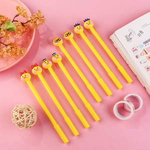 8-pack cute yellow duck gel pens with creative cartoon caps on a pink background