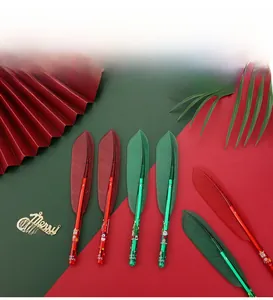 Detailed view of Christmas feather pens with festive reindeer and Santa patterns