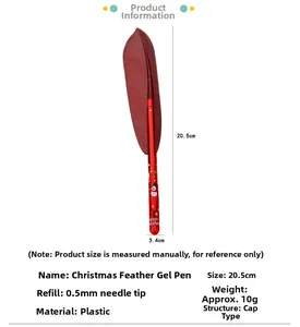 Detail of red Christmas feather pen with snowman print and 0.5mm needle tip nozzle