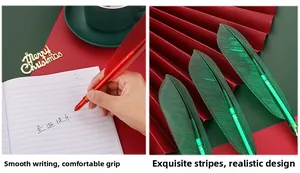 Close-up of red and green feather-shaped pens with bionic texture for Christmas gifts