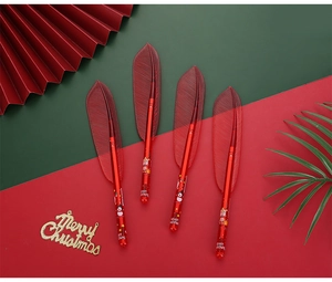 Set of four red feather Christmas pens with Santa patterns and fine gel ink tips