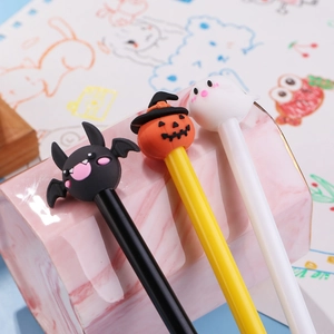 Set of 3 Halloween gel pens featuring 3D cartoon bat, pumpkin, and ghost toppers for kids
