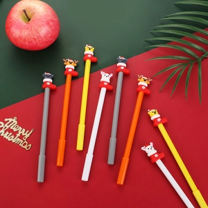 Close-up of Christmas gel pens featuring cute 3D elk and bunny figures with holiday decor