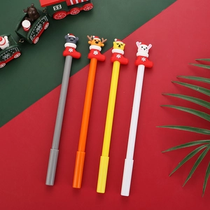 Set of four Christmas-themed pens with cartoon animals in socks on a festive background