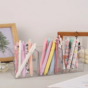 Organisateur de bureau en acrylique transparent à trois compartiments pour stylos