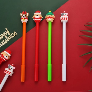 Christmas cartoon gel pen set with Santa and reindeer toppers on red-green background