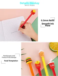 Detail von 0,5 mm Gelschreibern in Form von Pommes und Burgern für Schüler