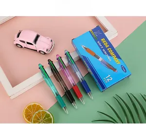 Detail of 0.7mm 4-color retractable ballpoint pens with ergonomic rubber grips and box