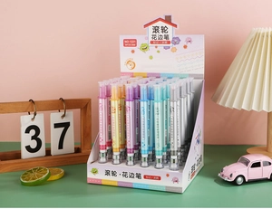 Bulk display of 36-piece roller curve pen set in a box with colorful patterns
