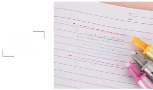 Detail of colorful roller curve pens showing various decorative line patterns on paper