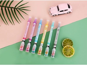 Detail of creative syringe shaped gel pens with vaccine themed decorative bottles and ink