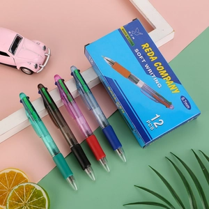 Minimalist 4-color ballpoint pen set with transparent barrel and non-slip soft grip
