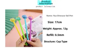 Detailed view of silicon grinning dinosaur gel pen with 0.5mm tip held in hand