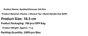 Specifiche dettagliate della penna gel dinosauro maculato con dimensioni e materiali