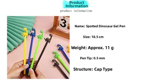 Dettaglio della penna a gel dinosauro da 18,5cm con punta 0,5mm e misure indicate