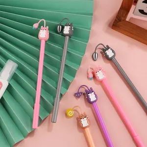Lot de six stylos gel mignons avec pendentifs animaux et nourriture sur tiges colorées
