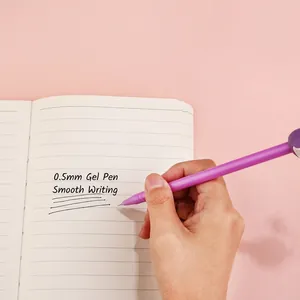 Stylo gel violet 0.5mm avec grip écrivant sur une page de carnet ligné vue de haut