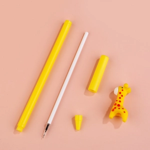 Disassembled view of cute yellow cartoon giraffe gel pen with its ink refill and components
