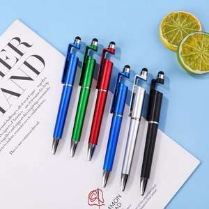 Detail of 6-color metal-textured stylus pens with phone stand clip and soft touch tips