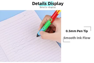 Macro detail of 0.5mm nib on a colorful folding pen showing smooth ink flow