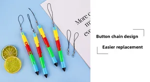 Detail showing the snap-button lanyard design on colorful modular ballpoint pens