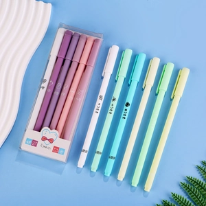 Detailed view of Morandi color gel pen set in pastel purple and green with cute motifs