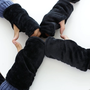 Guantes sin dedos de felpa negra para invierno con forro térmico grueso