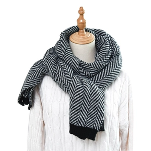 Classic black and white herringbone knit scarf with ribbed edge for men and women