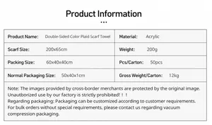 Detailed size and material specification chart for the plaid tassel cashmere scarf