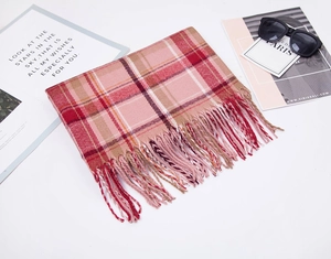 Detail of red and pink plaid cashmere-like scarf featuring soft fringe and classic pattern