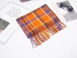 Plaid tassel scarf detail with orange and purple patterns on white desktop background