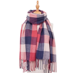 Classic red and navy plaid tassel scarf made of thick cashmere-like warm fabric