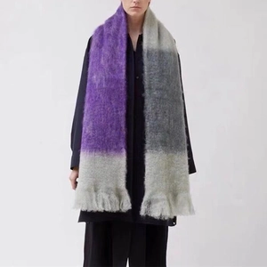 Thick mohair striped scarf in purple and grey with tassel fringe for winter