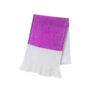 Detail of soft purple and white color-block knit scarf with ruffled wavy edges