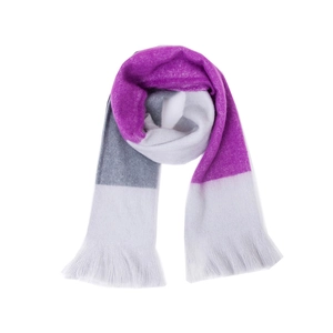 Close-up of color-block knit scarf in purple, grey, and white with fringe details