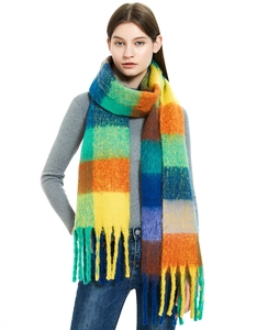 Close-up of the thick mohair texture and long tassels on the colorful plaid scarf