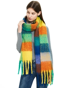 Detail of colorful rainbow checkered mohair scarf with thick texture and long tassels