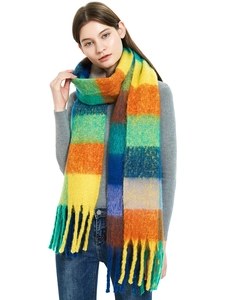 Detail of colorful rainbow plaid mohair scarf showing thick texture and long tassels