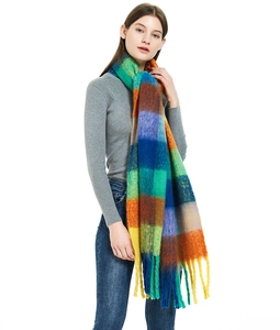Detailed texture of thick rainbow plaid mohair scarf with colorful tassels