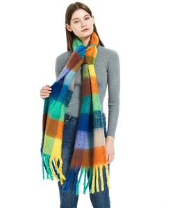 Close-up of rainbow plaid mohair scarf with thick texture and long tassel fringe
