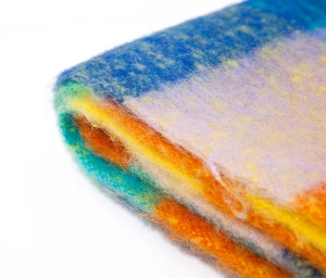 Close-up of thick rainbow plaid mohair scarf showing soft fluffy texture and fringe