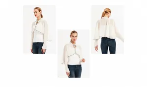 Three views of a white chiffon sun protection shawl with polka dot trim and tie collar